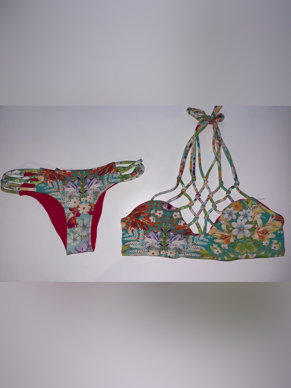 San Lorenzo Bikinis Reversible Macrame Plunge Top Woven Cheeky Bikini Top